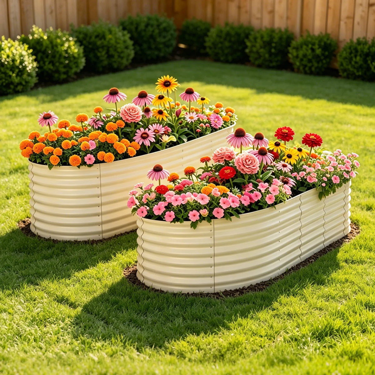 Galvanized raised garden beds (2-pack) filled with colorful flowers in a backyard