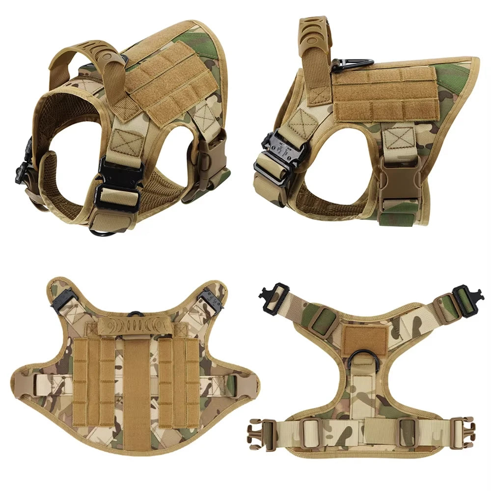 Military large desert-camo dog harness vest set with leash, collar and pouches