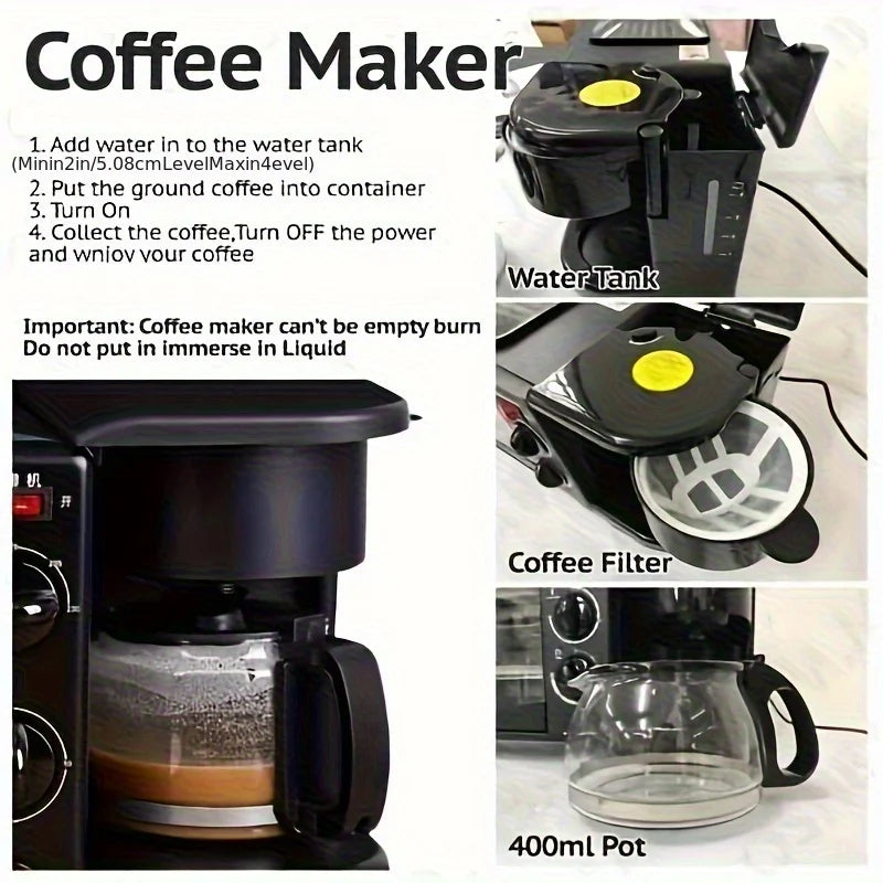 Black coffee maker by S And B Enterprise; 3-in-1 breakfast unit with water tank and 400ml pot, auto shutoff