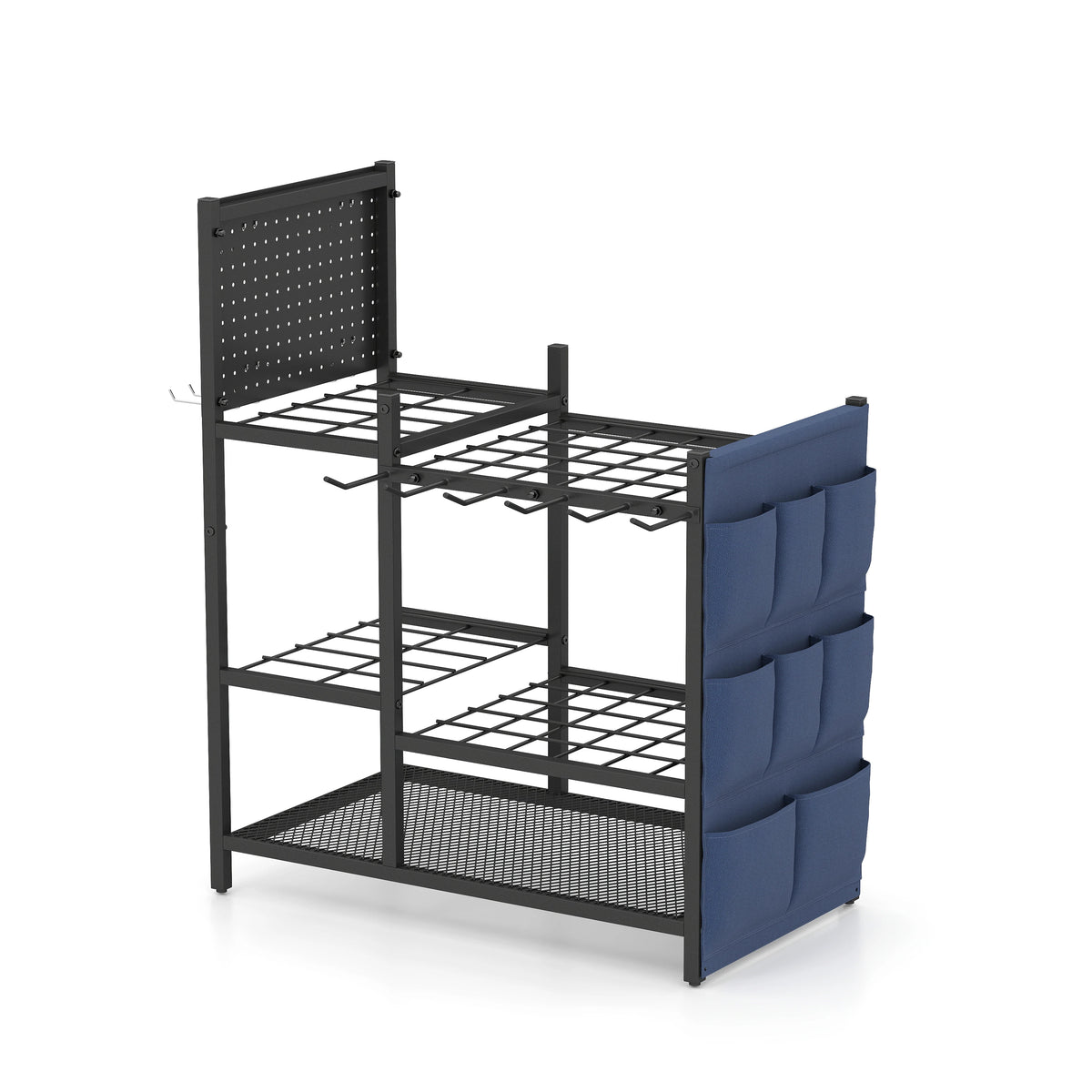 Garden Tool Storage Organizer, heavy-duty black metal freestanding rack with perforated back and blue side bags.