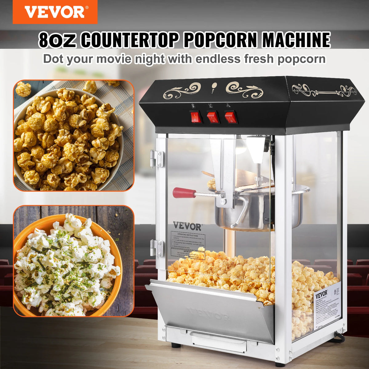VEVOR popcorn popper machine, 8 oz kettle, countertop unit with black top and glass cabinet filled with popcorn