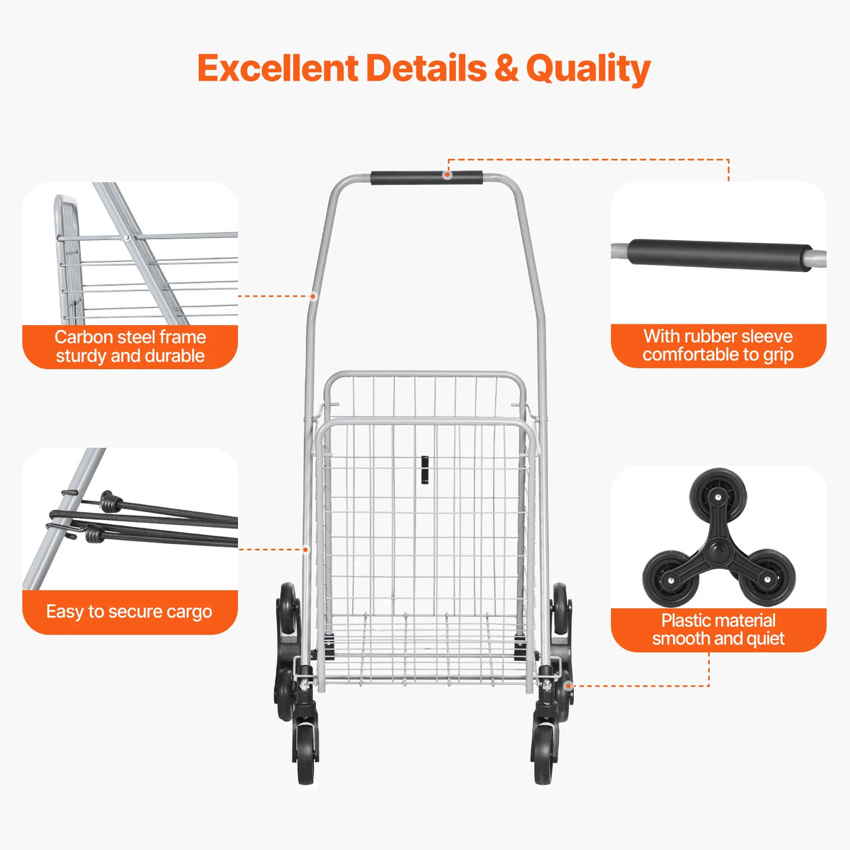 Folding shopping cart, S And B Enterprise; silver steel frame, black rubber-grip handle, 4 wheels, 88 lb capacity