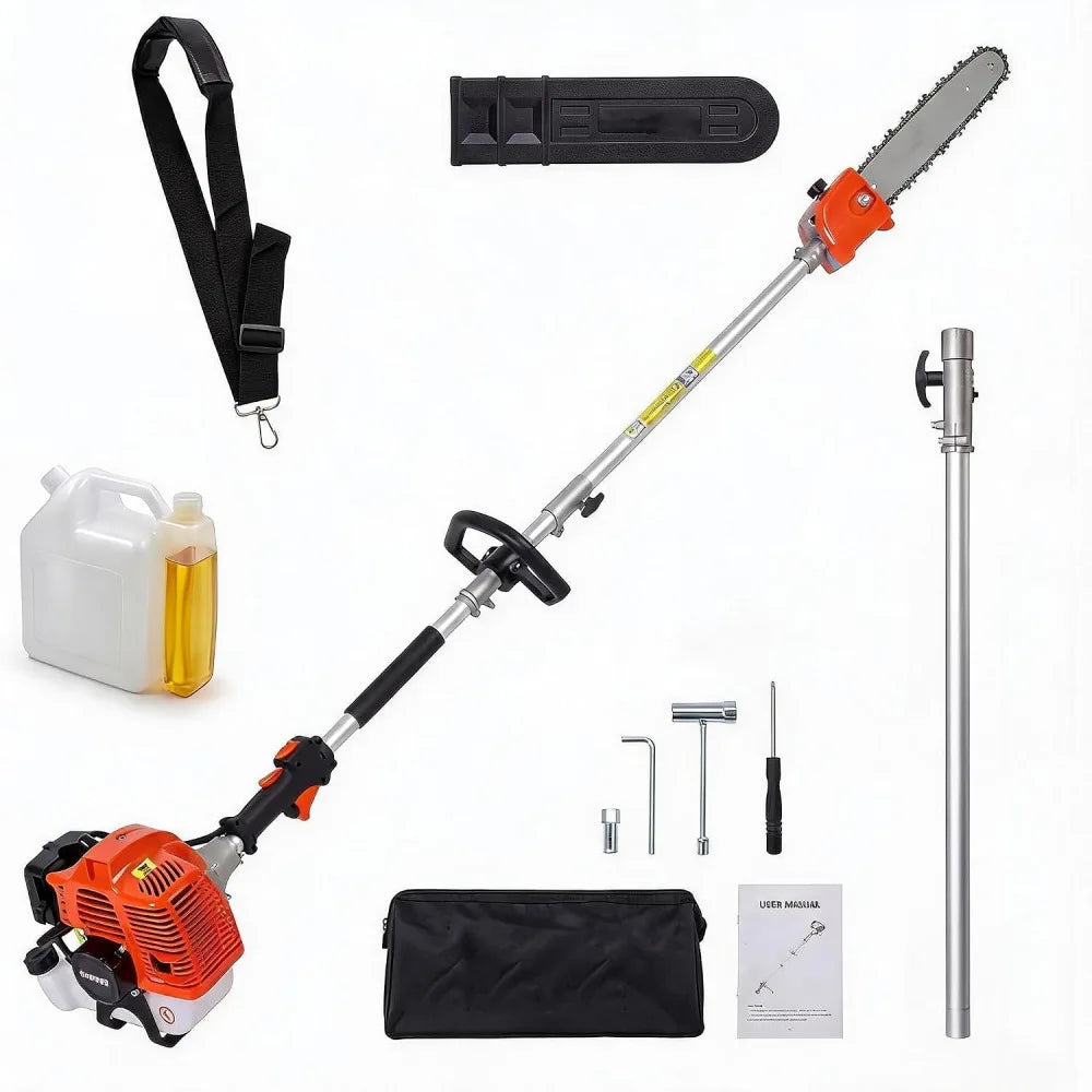 Gas powered pole saw kit with 12-inch bar, 2-stroke engine, 16 ft reach; includes shoulder strap, oil tank, tools and bag.