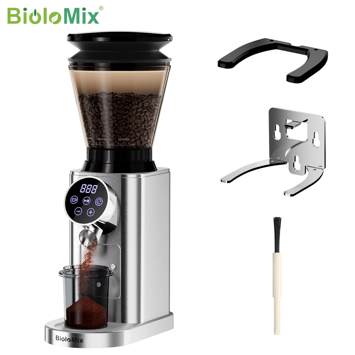 BioloMix electric conical burr grinder with 48 settings, stainless steel body and clear hopper; includes 3 accessories.