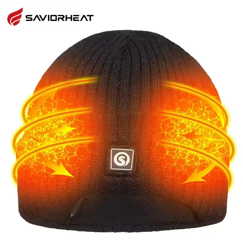 SaviorHeat heated beanie with orange glowing coils, black knit winter hat by S And B Enterprise