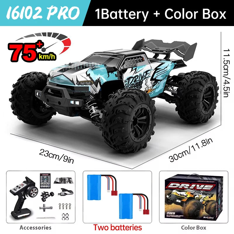 WLtoys 16101 Pro 1:16 RC car, blue camouflage, 4WD, 75km/h; includes two batteries and accessories in color box