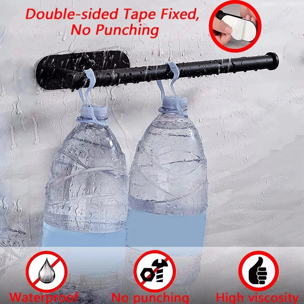 Adhesive towel rack, black bar with blue straps, holds two water bottles; no-punch waterproof design