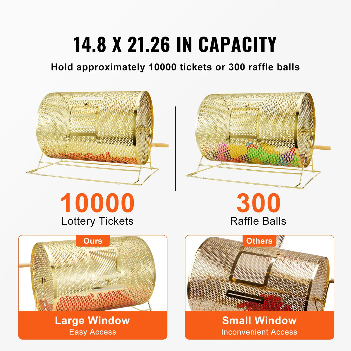 Two brass-plated raffle drums with transparent perforated bodies on stands, holding 10000 tickets or 300 balls.