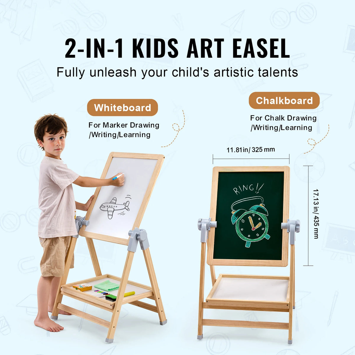 2-in-1 Kids Art Easel with whiteboard and chalkboard, wooden frame and painting accessories