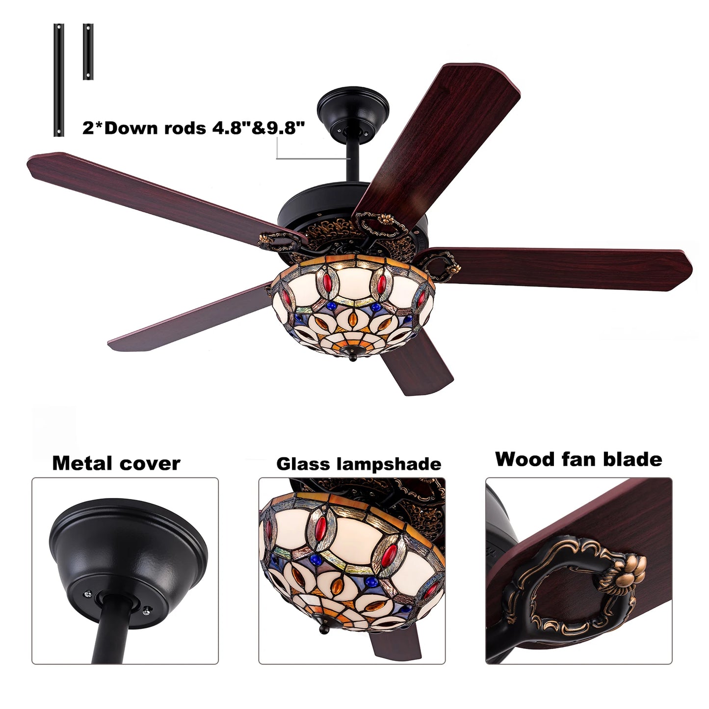 Bymaocar Tiffany Ceiling Fan With Remote Three Lights