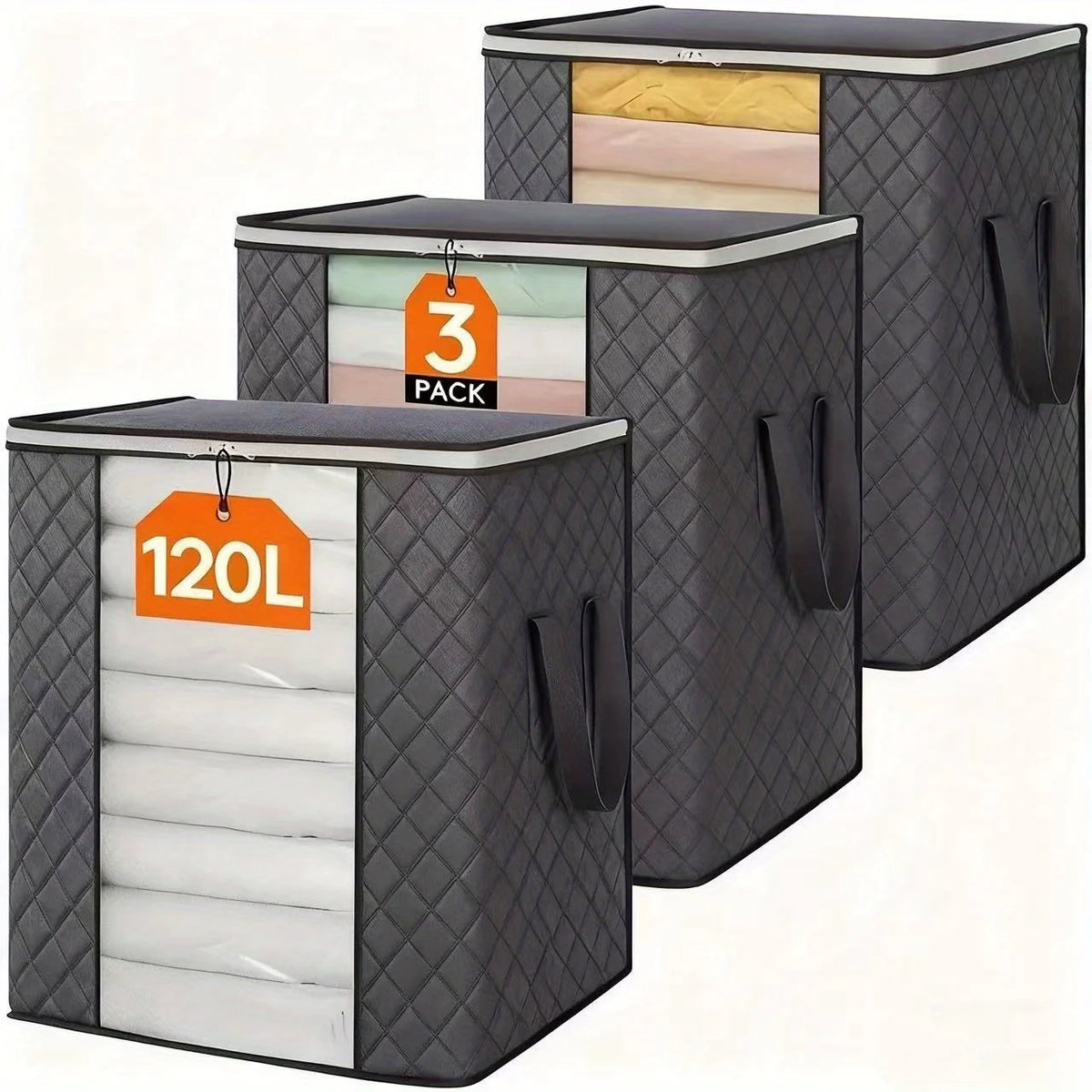 3-pack 120L clothes storage bags by S And B Enterprise, foldable with reinforced handles in dark quilted gray