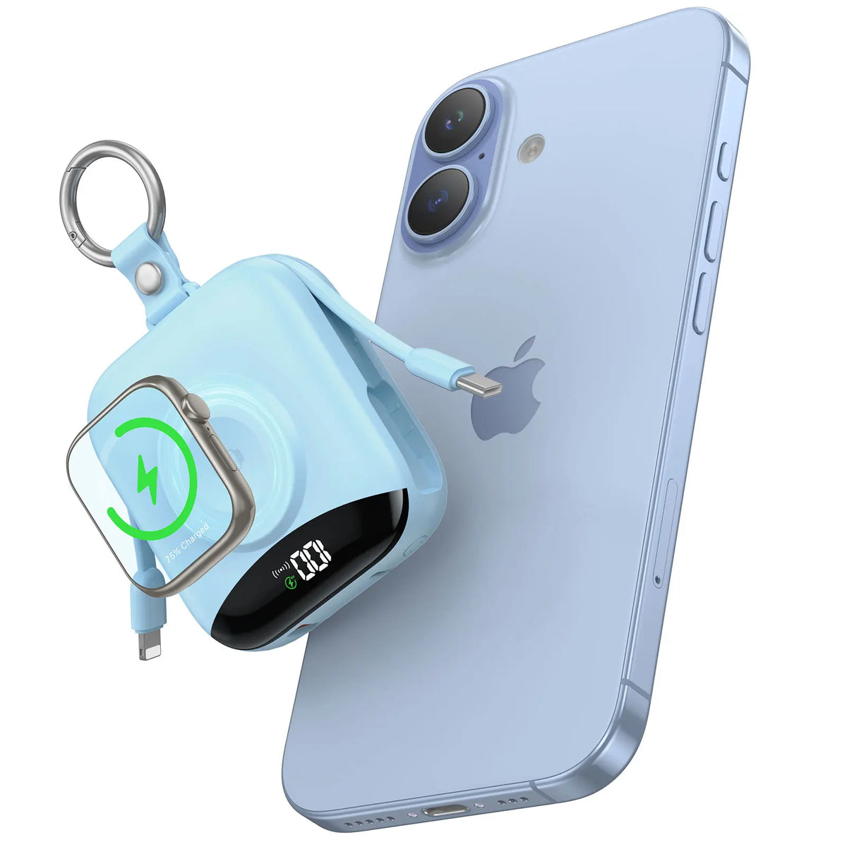 S And B Enterprise 10000mAh Apple Watch power bank with built-in Lightning & USB-C cables, LED display, blue keychain.