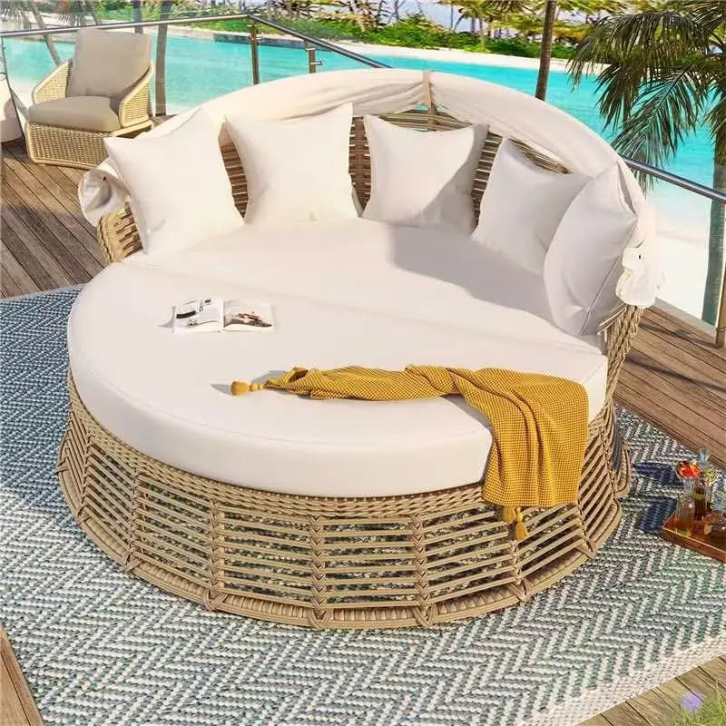 Outdoor Rattan Round Daybed With Retractable Canopy Removable Cushions by S And B Enterprise