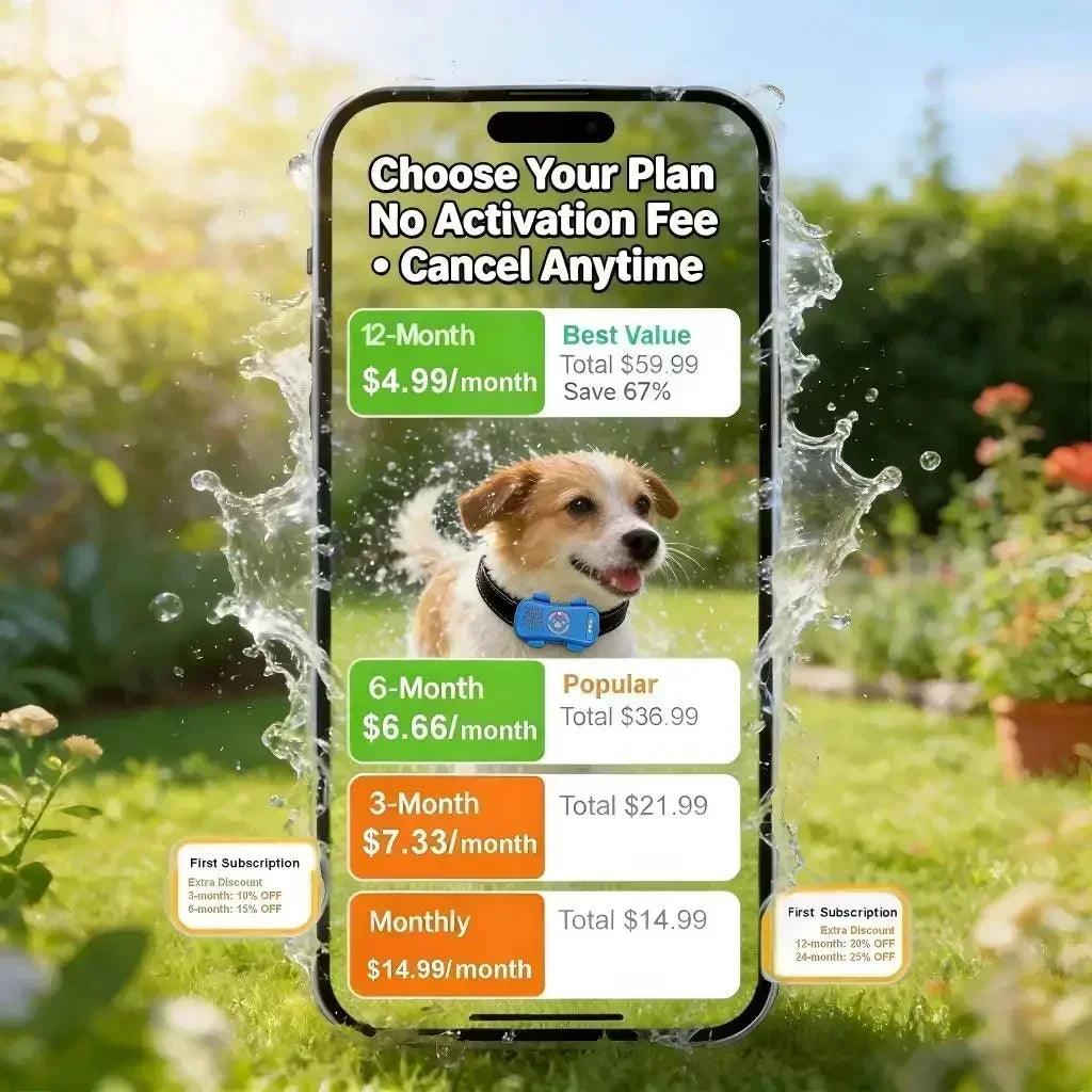 GPS Pet Tracker 4G for dogs and cats by S And B Enterprise on a blue collar tag; phone screen shows plan options