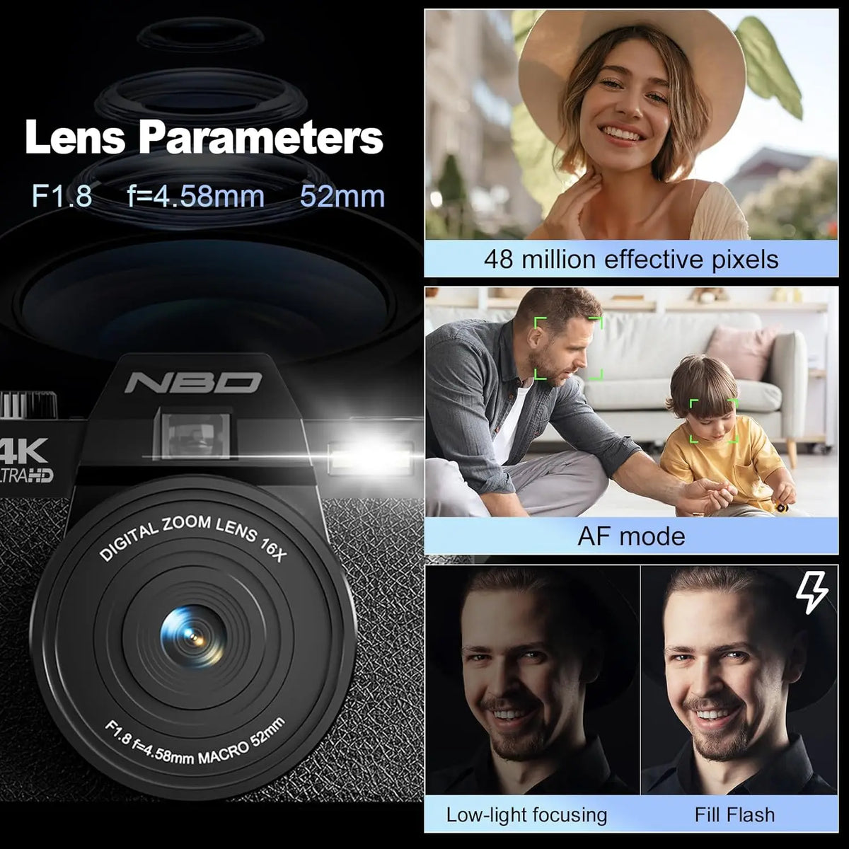 NBD 4K camera with 52mm macro lens, 16x digital zoom, 48MP sensor and 180-degree flip screen.