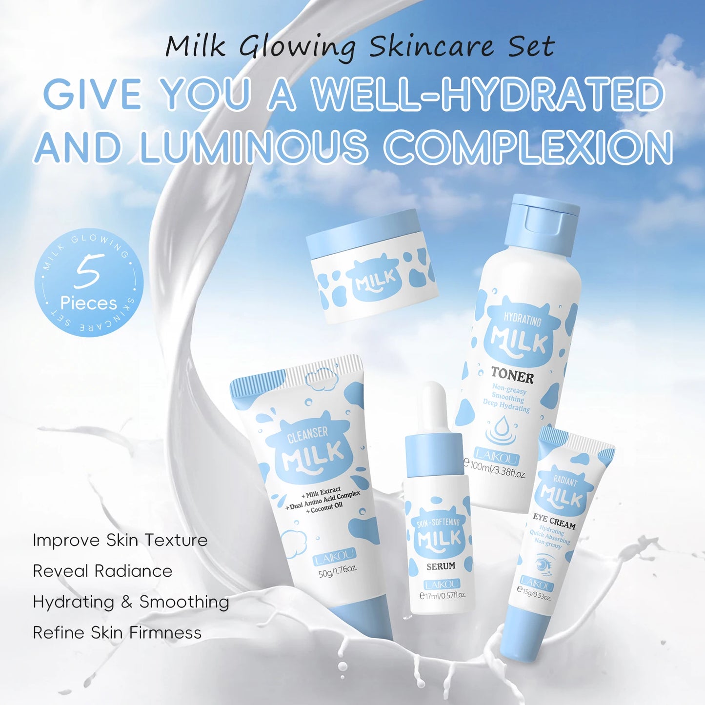LAIKOU Milk Glowing Skincare Set Hydrating Brightening Facial Care