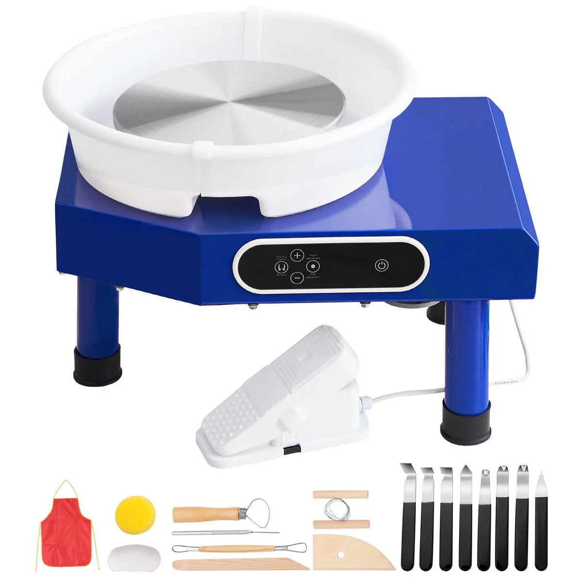 Pottery wheel by S And B Enterprise, blue base with white 10in wheel and detachable basin, foot pedal and tool kit