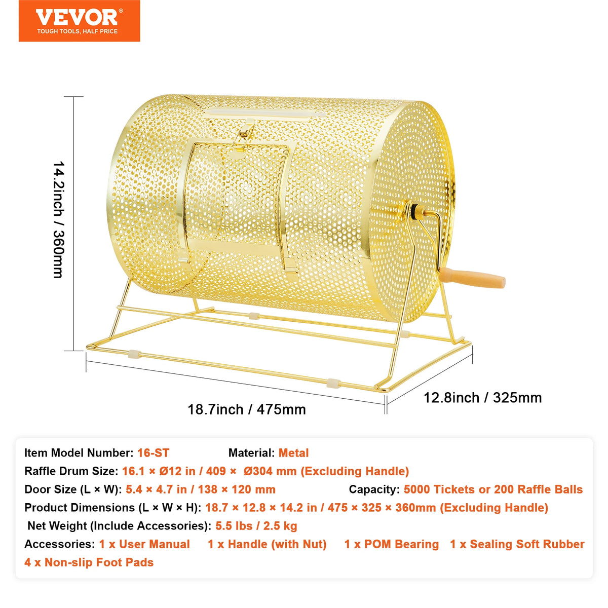 SucceBuy raffle drum, gold brass-plated perforated metal spinning cage on a stand, holds 10,000 tickets.