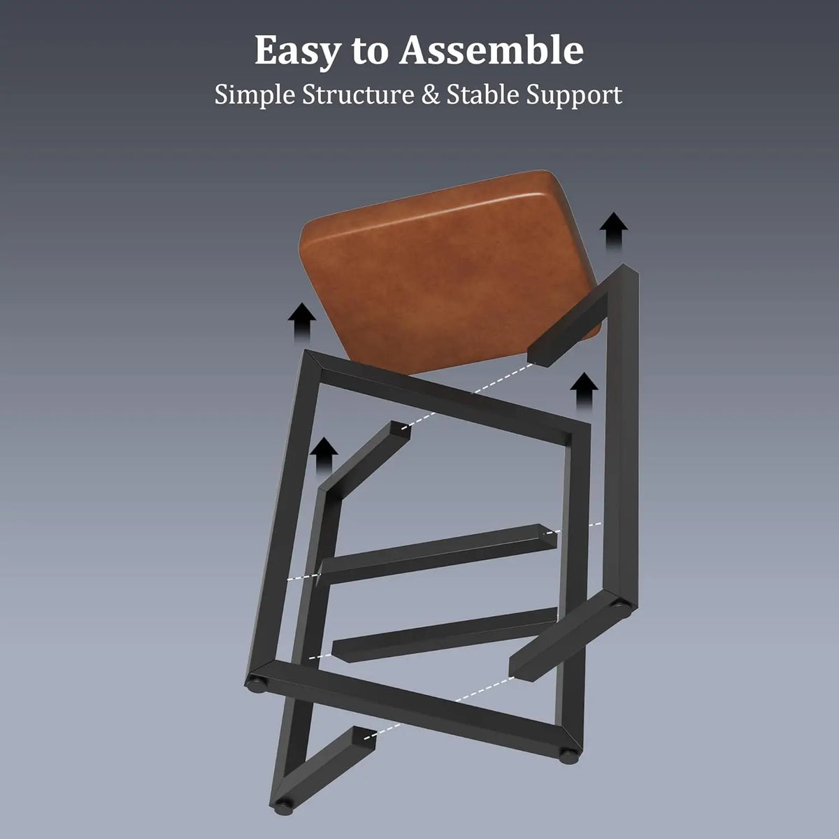 Backless bar stool with brown PU leather seat and black metal X-frame; assembly diagram.
