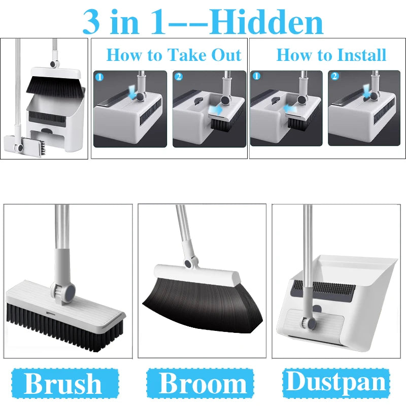 3 In 1 Broom And Dustpan Set With Ergonomic Handle