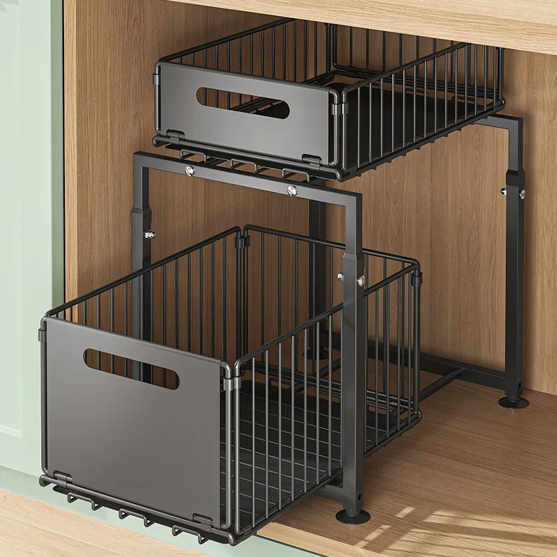 2-tier slide-out cabinet organizer by S And B Enterprise in black metal with two pull-out baskets for under-sink storage