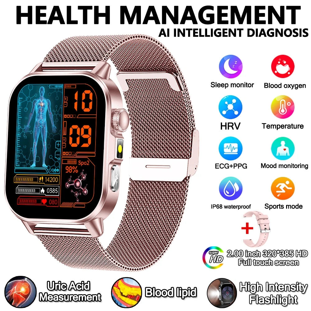 Uric Acid Lipid Health Smartwatch With ECG PPG Bluetooth Call