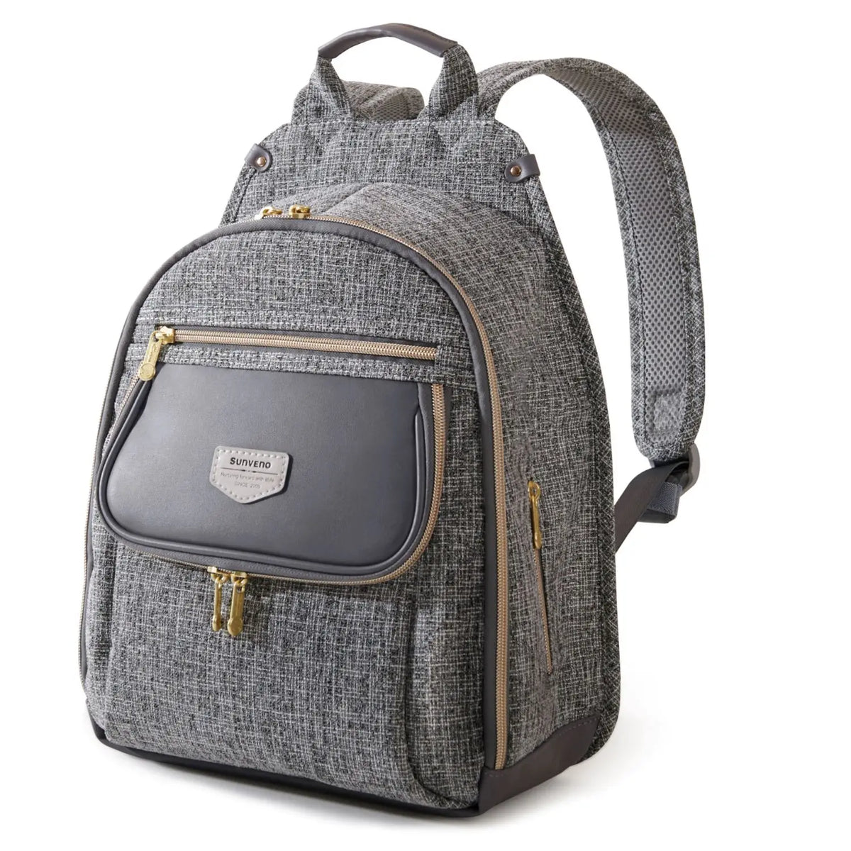 Diaper bag backpack by Sunveno in grey textured fabric with brown trim and gold zippers