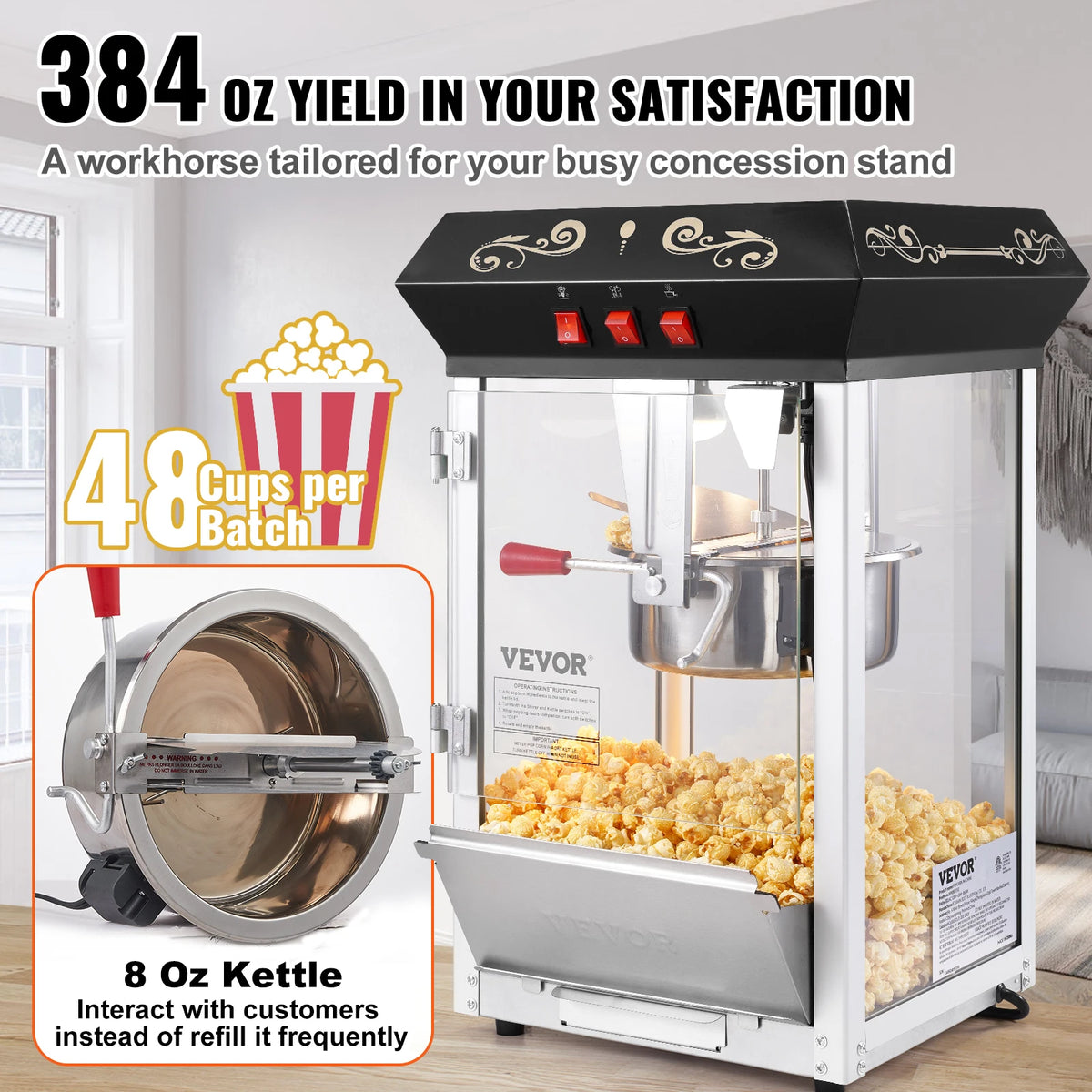 Popcorn popper machine by VEVOR with 8 oz kettle on a countertop, makes 48 cups per batch, movie theater style