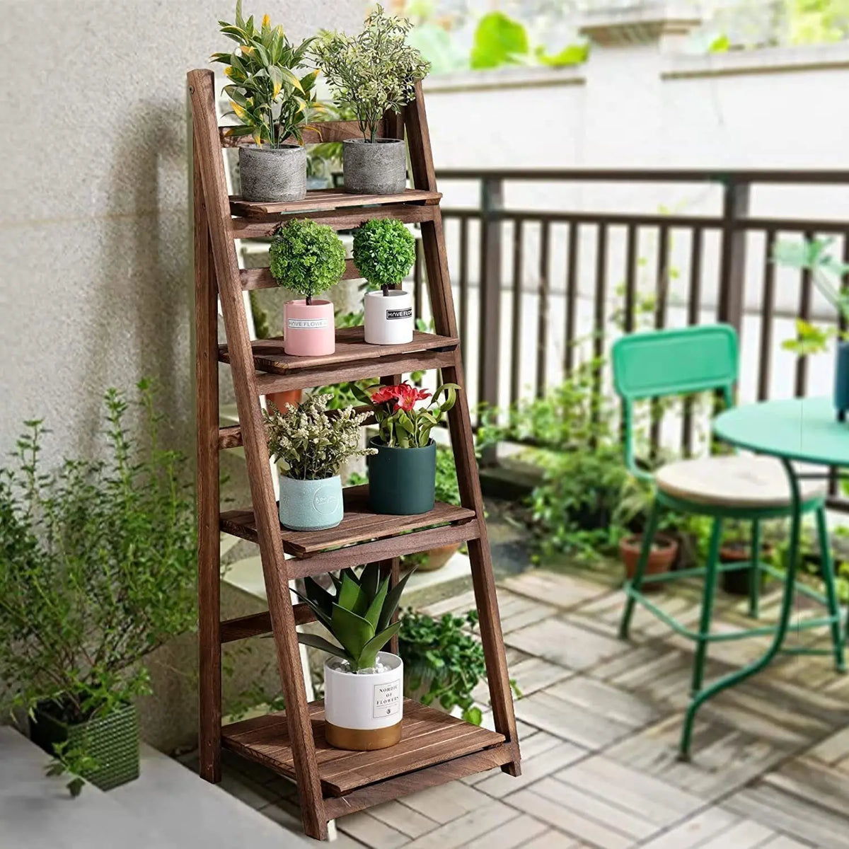 Folding 4-tier wooden ladder shelf by S And B Enterprise for indoor plant display