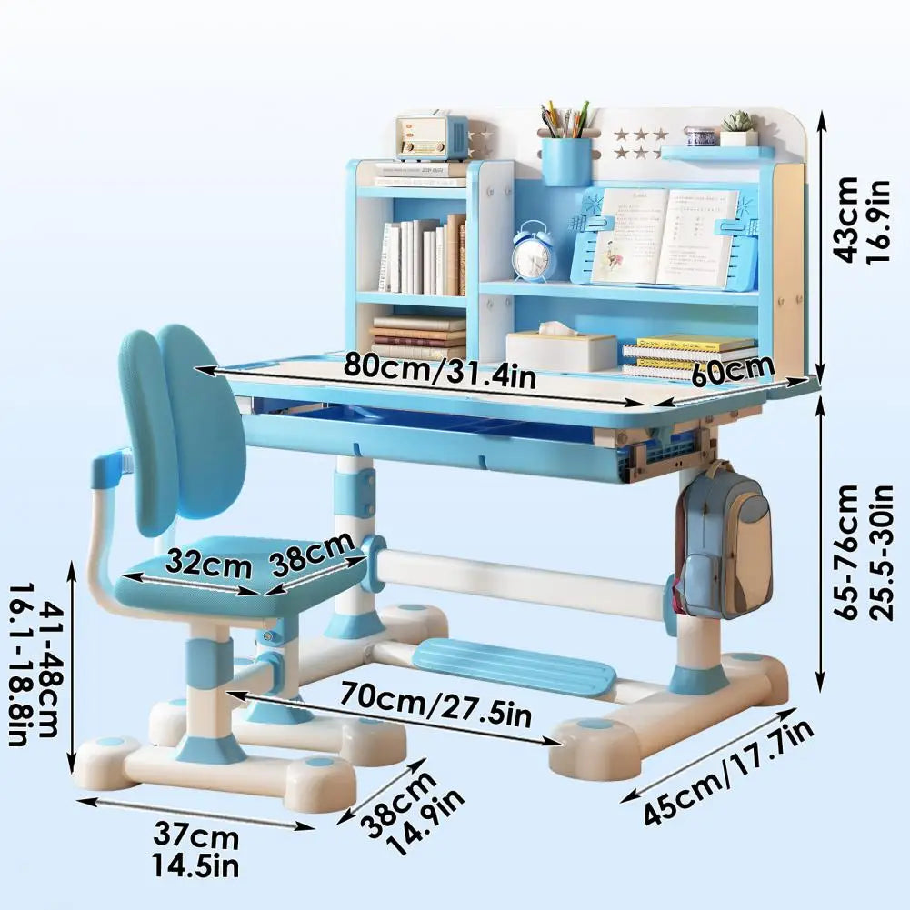 2-piece kids study desk and chair set, blue and white, adjustable height with book stand, S And B Enterprise