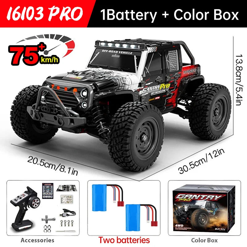 WLtoys 16101 Pro 1:16 4WD RC car with LED lights, 75 km/h, 2.4G remote, two batteries, accessories in color box