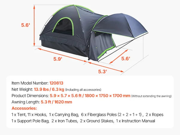 SucceBuy pickup truck tent for 2-3 people, gray with lime-green trim, expandable awning