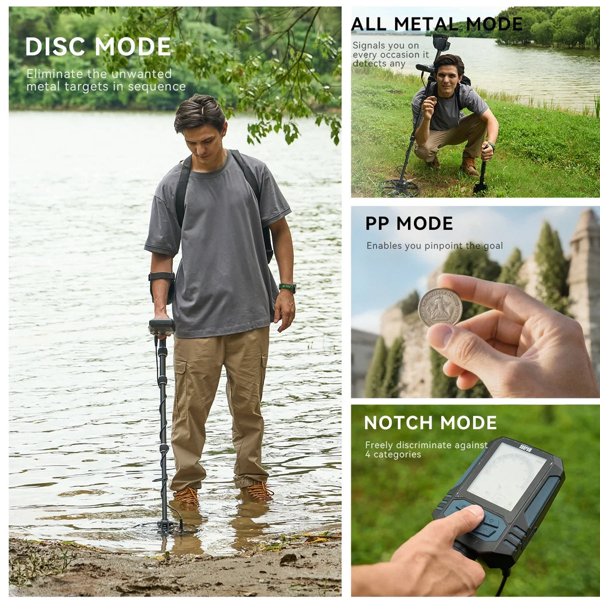 SUNPOW rechargeable metal detector kit by S And B Enterprise; adult uses IP68 waterproof detector with 10-inch coil and 4 modes.