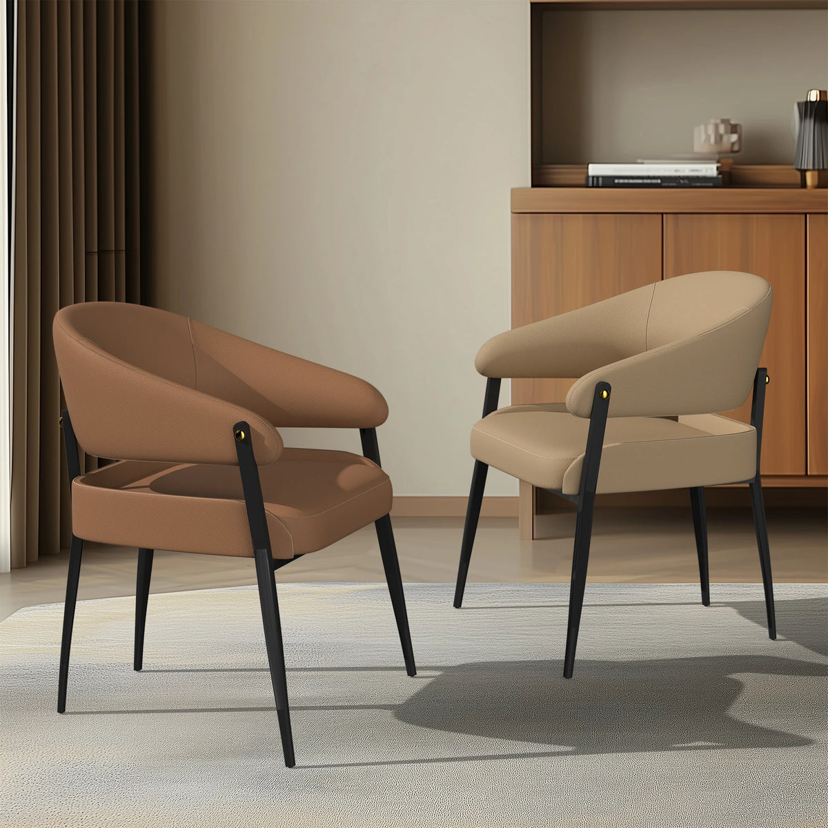 Set of 2 luxury dining chairs by S And B Enterprise in tan microfiber leather with black metal legs.