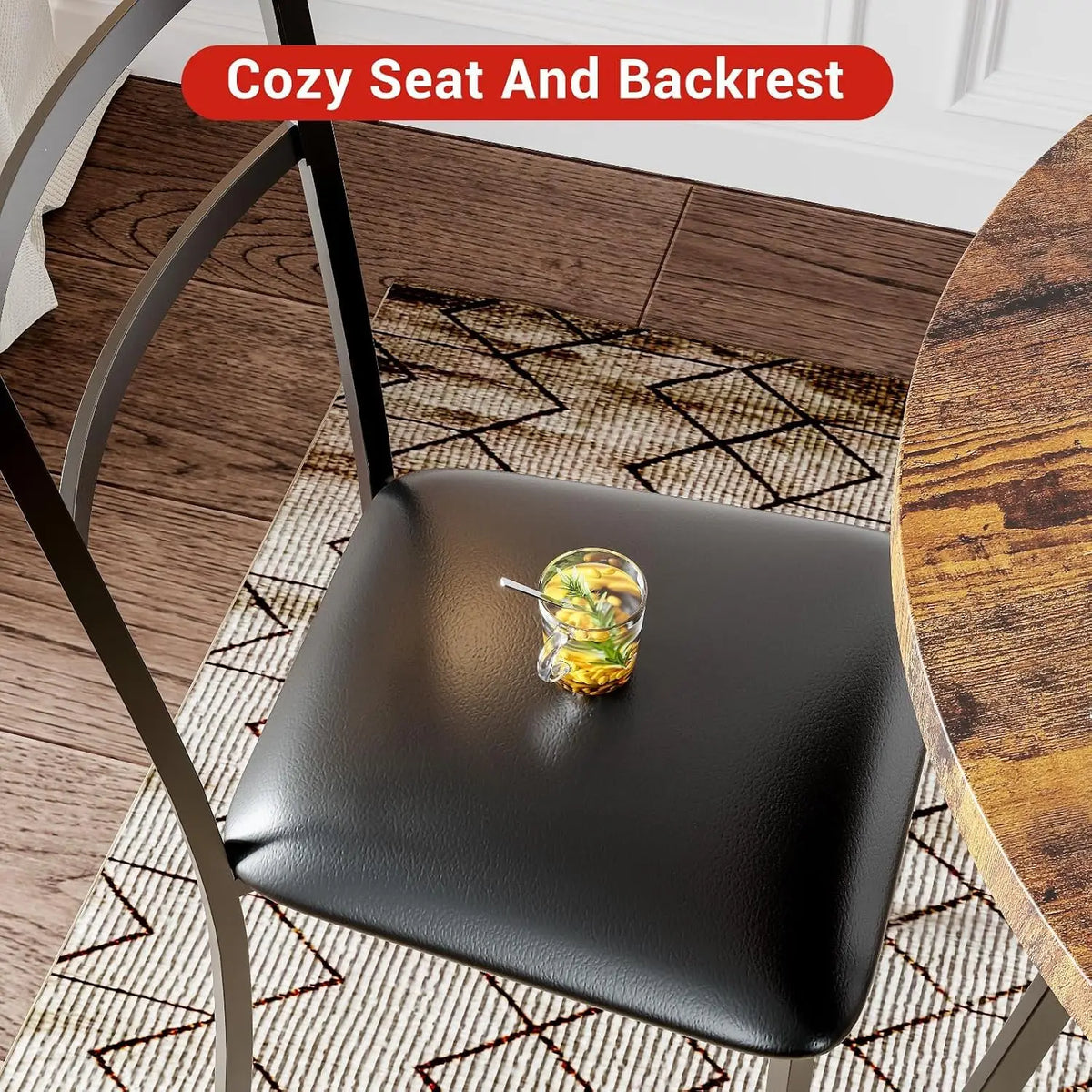 3-piece round dining set with two black upholstered chairs in rustic brown finish by S And B Enterprise