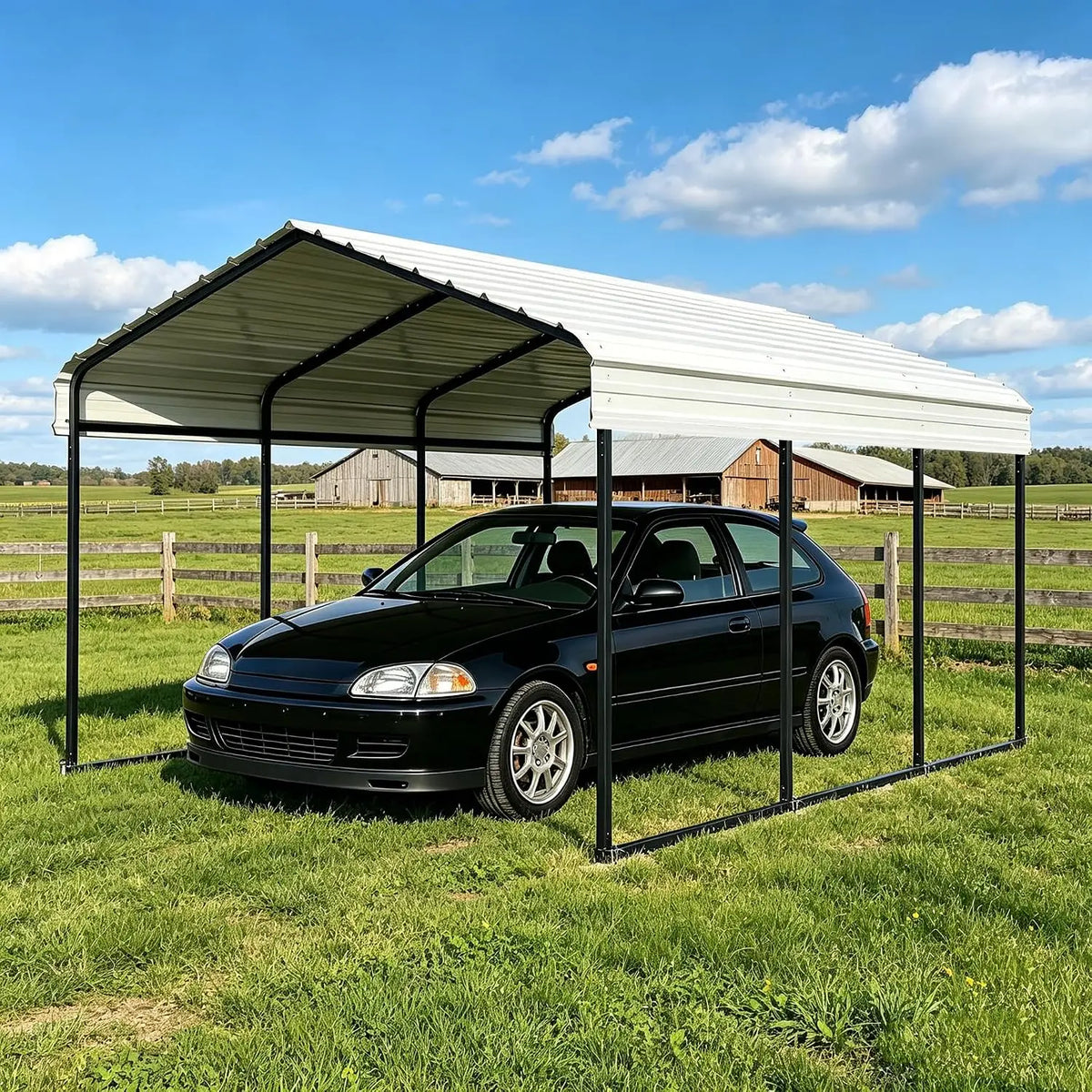 White metal carport with black frame, 10x15 ft, sheltering a black sedan in a grassy field.