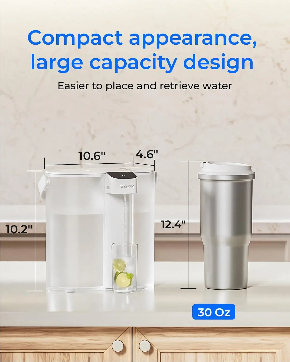 Waterdrop compact electric water filter pitcher, white with built-in faucet, beside a 30 oz stainless steel tumbler.