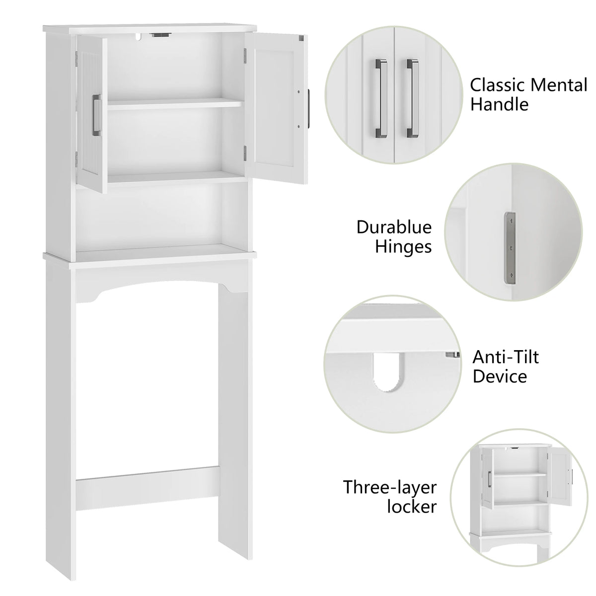 Over-the-toilet storage cabinet by S And B Enterprise, white with double doors and anti-tip device