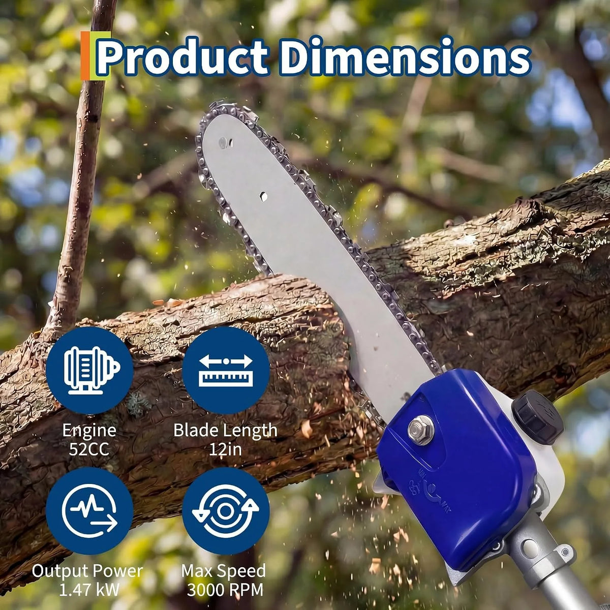 Gas-powered pole saw with 12in blade and blue housing; 52cc engine, 3000 RPM