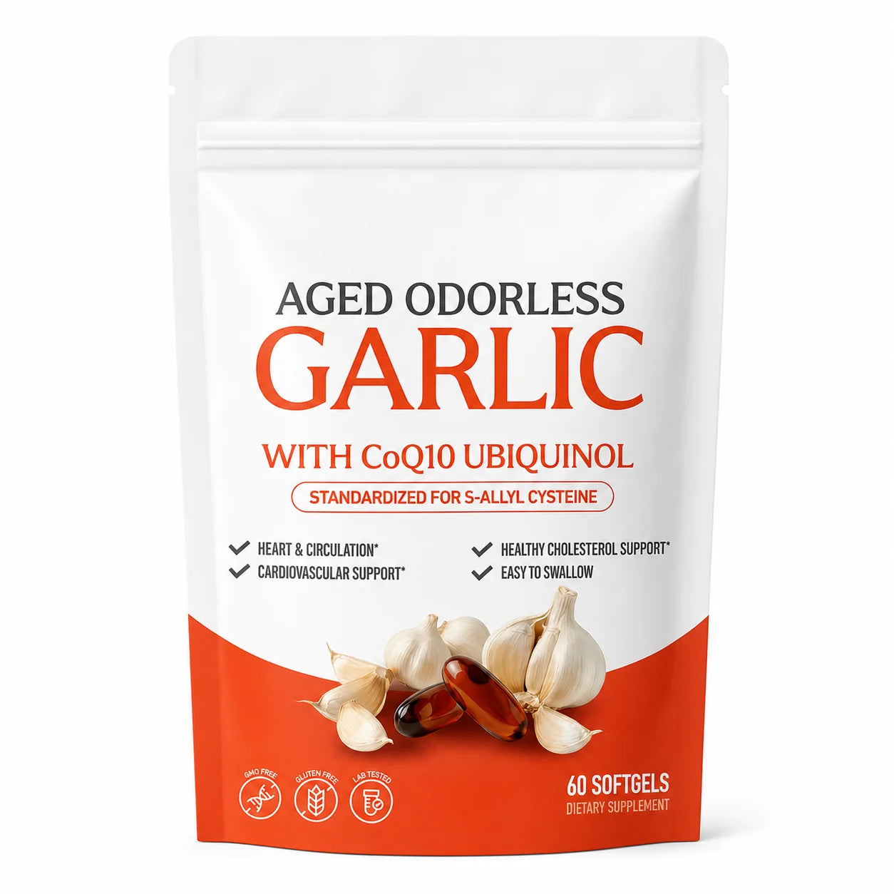 Odorless Aged Garlic Extract Softgels, 600mg AGE with 50mg CoQ10 Ubiquinol, Standardized S-Allyl Cysteine, Lifestyle, 60 Count