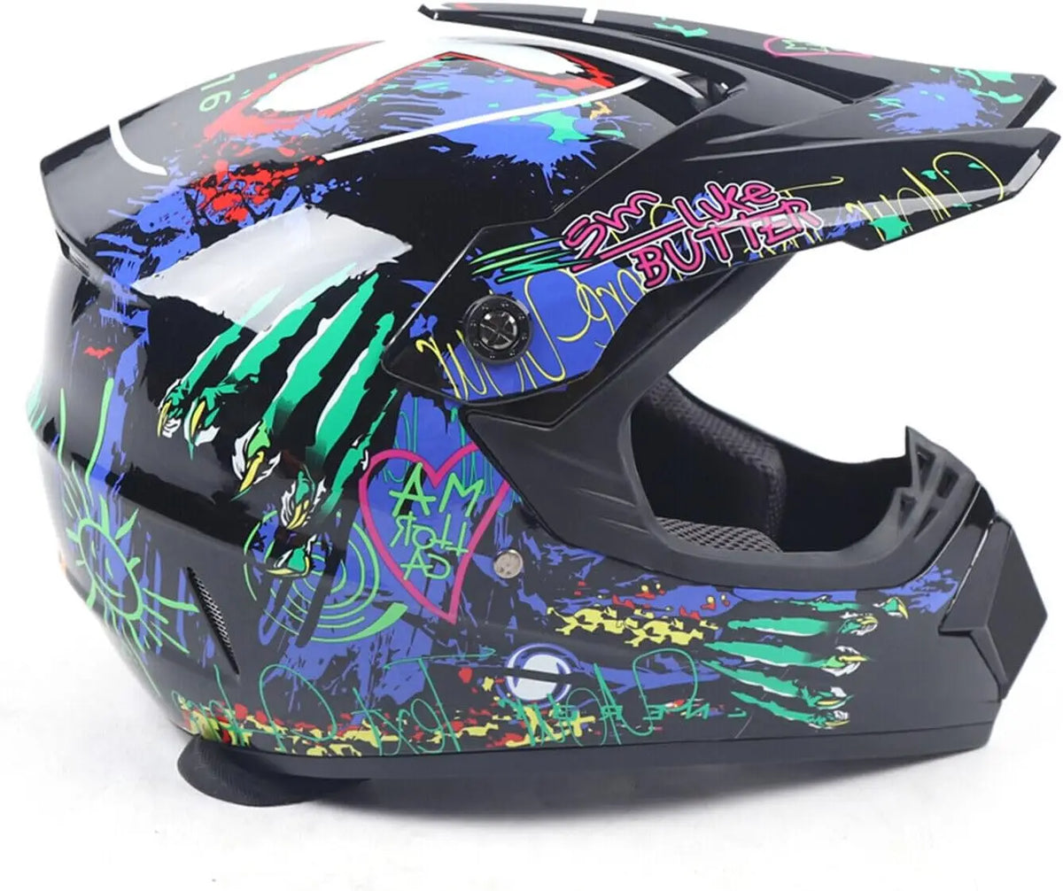 Motorcycle full-face helmet with colorful graffiti print; DOT-certified for off-road use