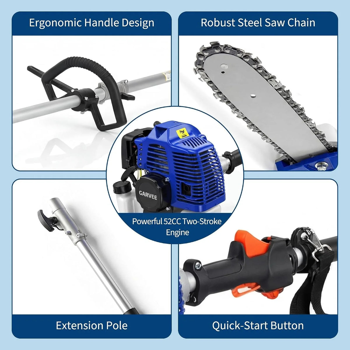 Gas-powered 52CC two-stroke pole saw by S And B Enterprise with 12" bar, extension pole and ergonomic handle