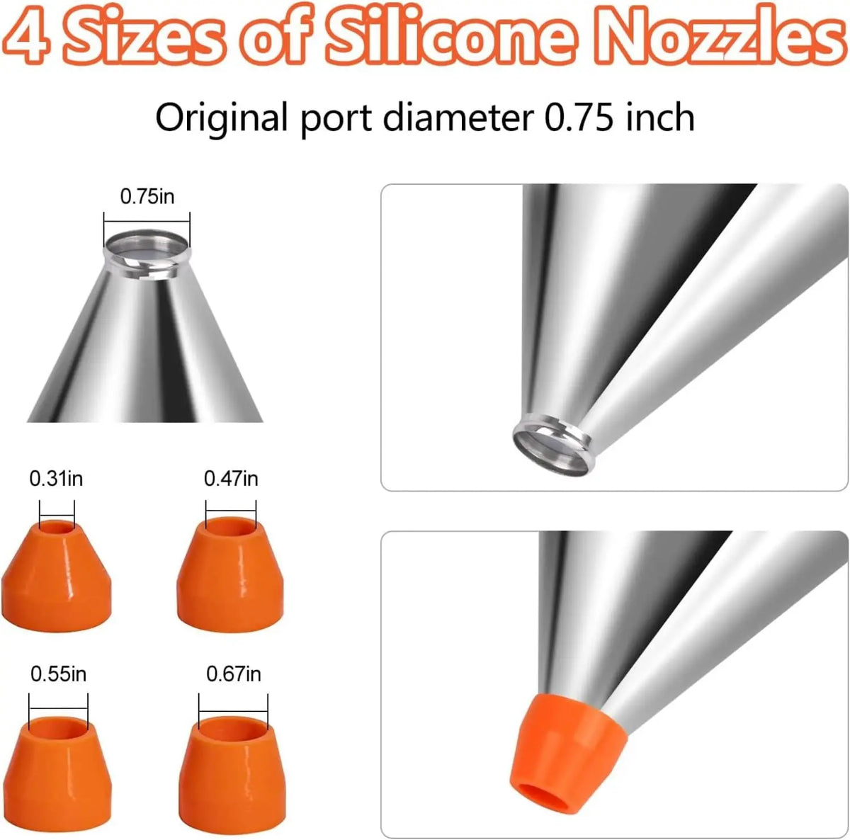 Pancake batter dispenser with four stainless steel nozzles and orange tips for multi-caliber baking