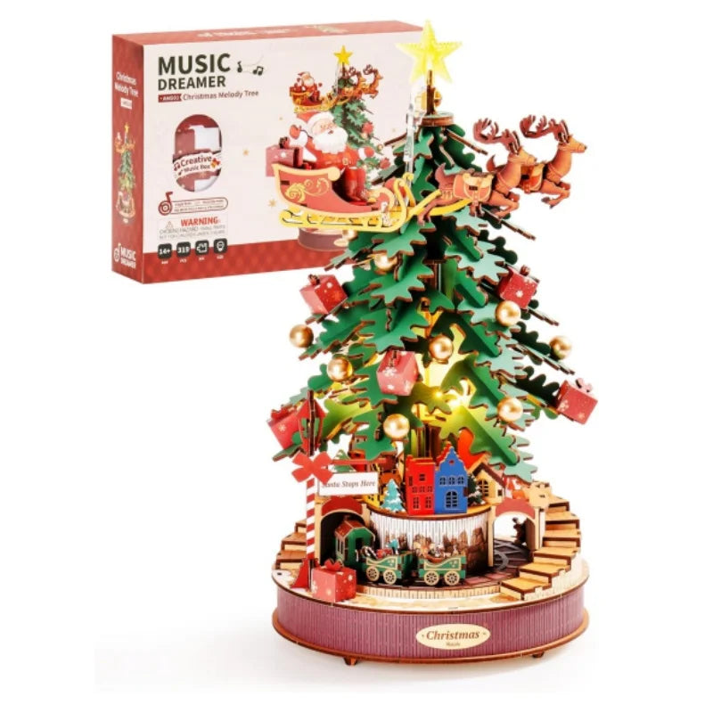 Robotime 3D wooden Christmas melody tree music box puzzle with Santa sleigh and train base