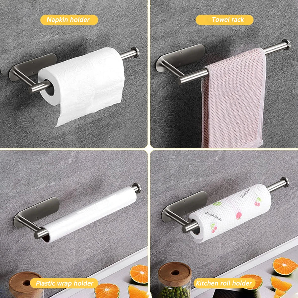 Stainless steel wall-mounted towel and paper holders set, 4-piece: napkin holder, towel rack, plastic wrap holder, kitchen roll holder