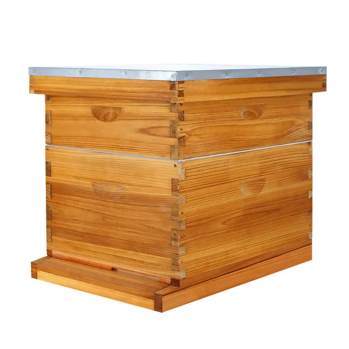 Langstroth beehive kit, 10-frame, natural wood with metal top; deep + medium boxes, beeswax-dipped