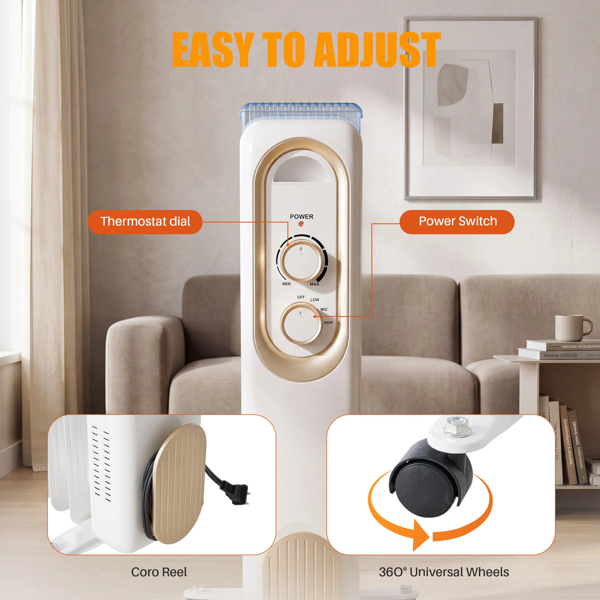 White JHK 1500W oil-filled radiator space heater with adjustable dials, portable indoor heater for home and office