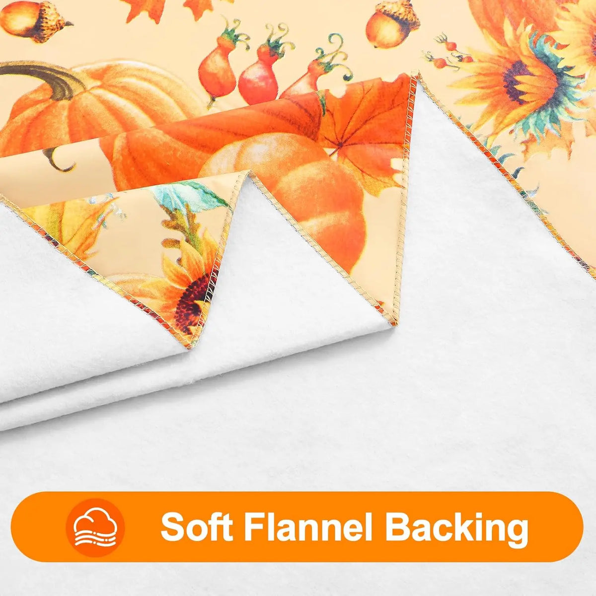 Waterproof PVC table cover with floral pumpkin pattern and soft flannel backing, elastic fitted edges