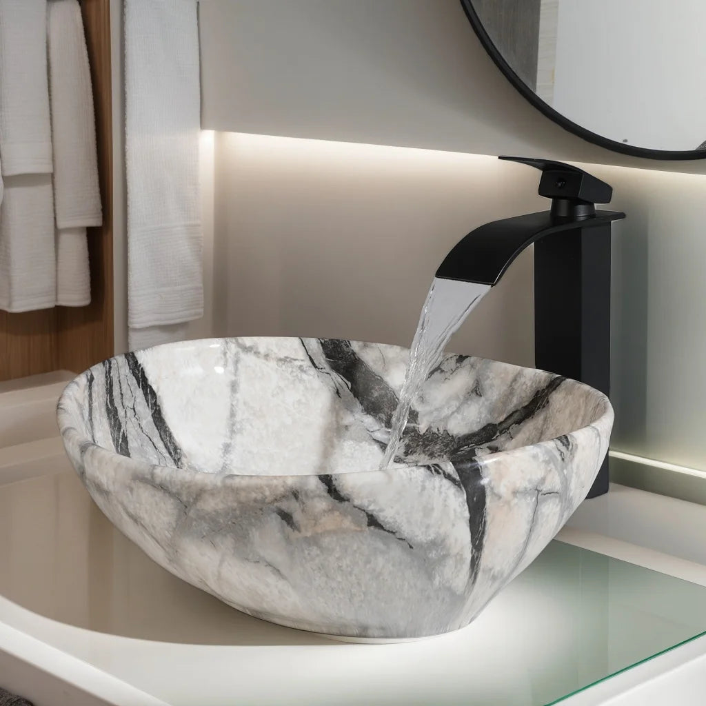 Torayvino Marble Pattern Ceramic Vessel Sink Set Matte Faucet by S And B Enterprise