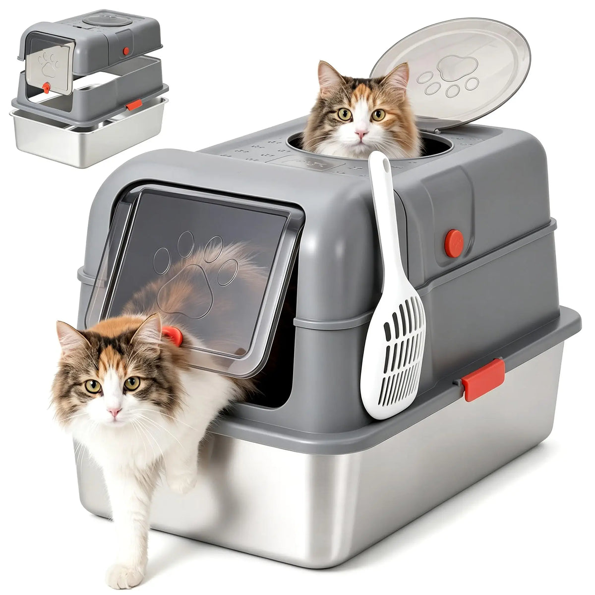 Enclosed Stainless Steel Litter Box With Lid Dog Proof XL Metal Litter Pan High Sided Anti Leak Front Entry Top Exit For Big Cats Includes Scoop For Multi Cat Home by S And B Enterprise